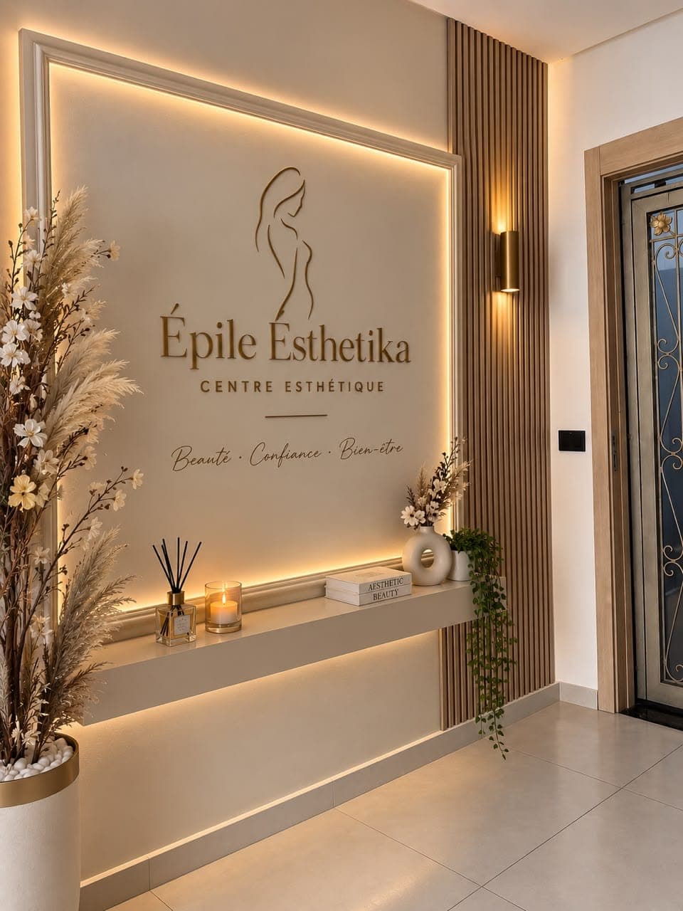 Mur d’entrée du centre : logo Épile Esthetika rétroéclairé, claustra en bois clair et herbes de pampa
