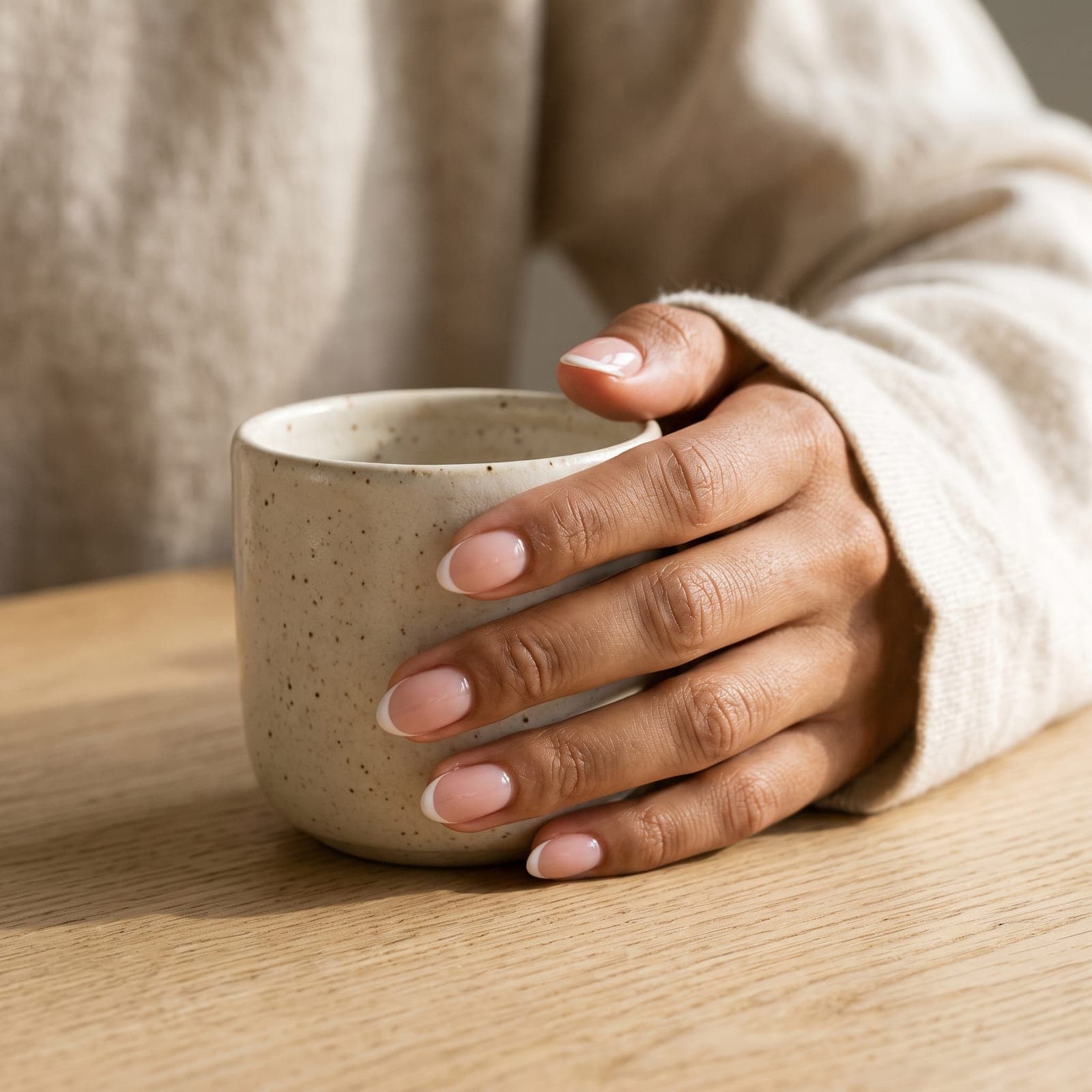 Micro French manucure sur ongles courts, main autour d’une tasse en céramique