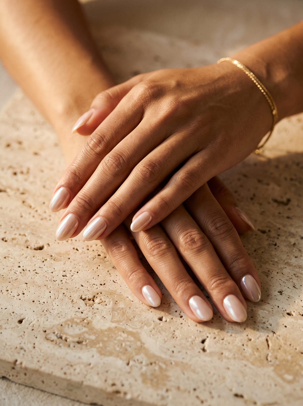 Ongles ovales au fini nacré chromé, mains croisées sur du travertin