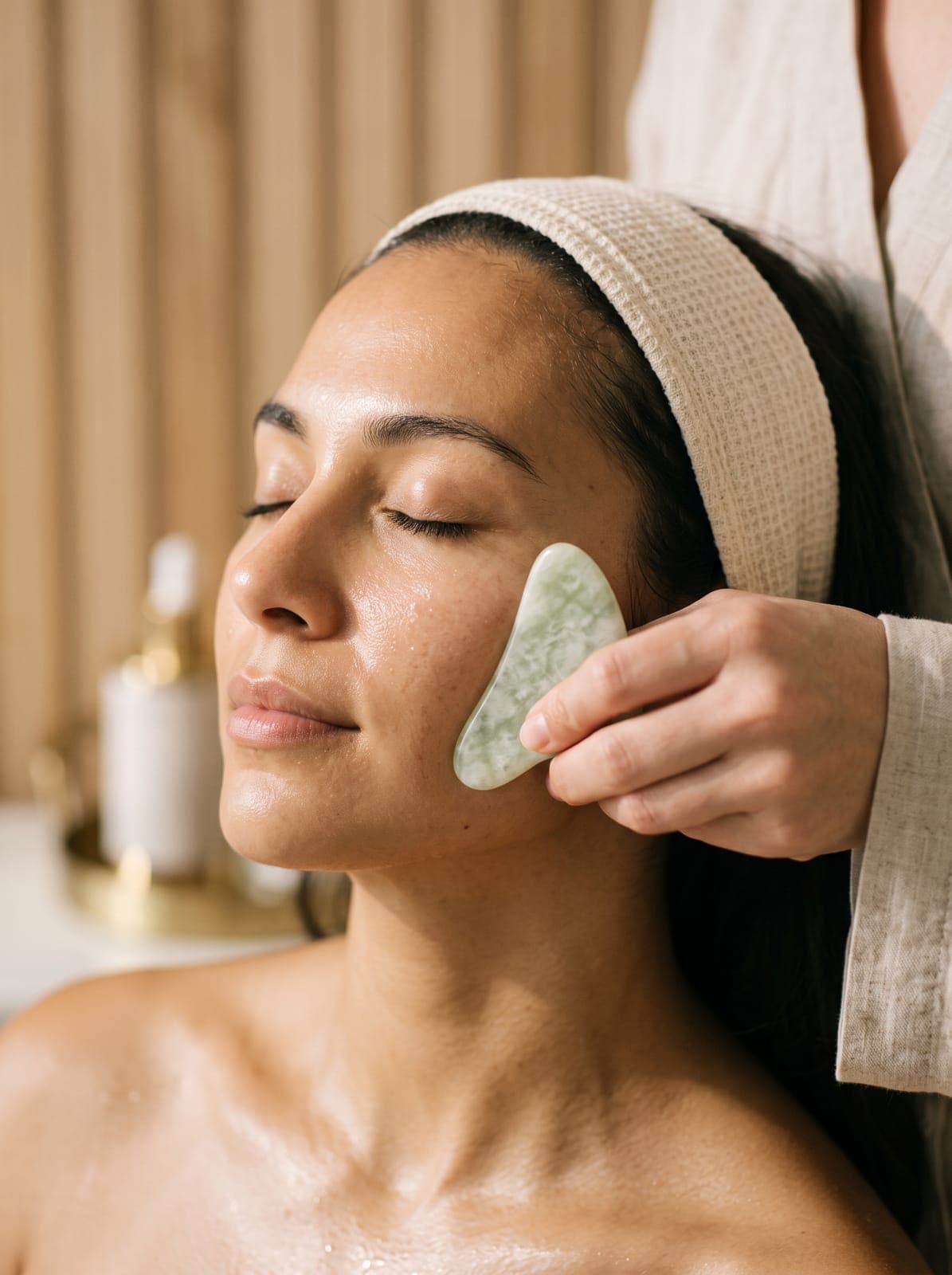 Massage du visage au gua sha en jade